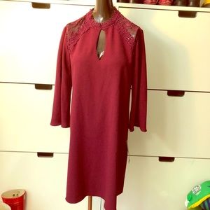 Wine Keyhole Lace Shoulder Dress